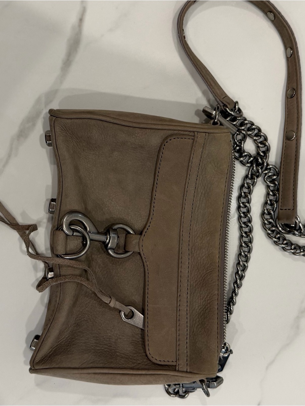 Rebecca Minkoff Taupe Leather Shoulder Bag with Gunmetal Chain